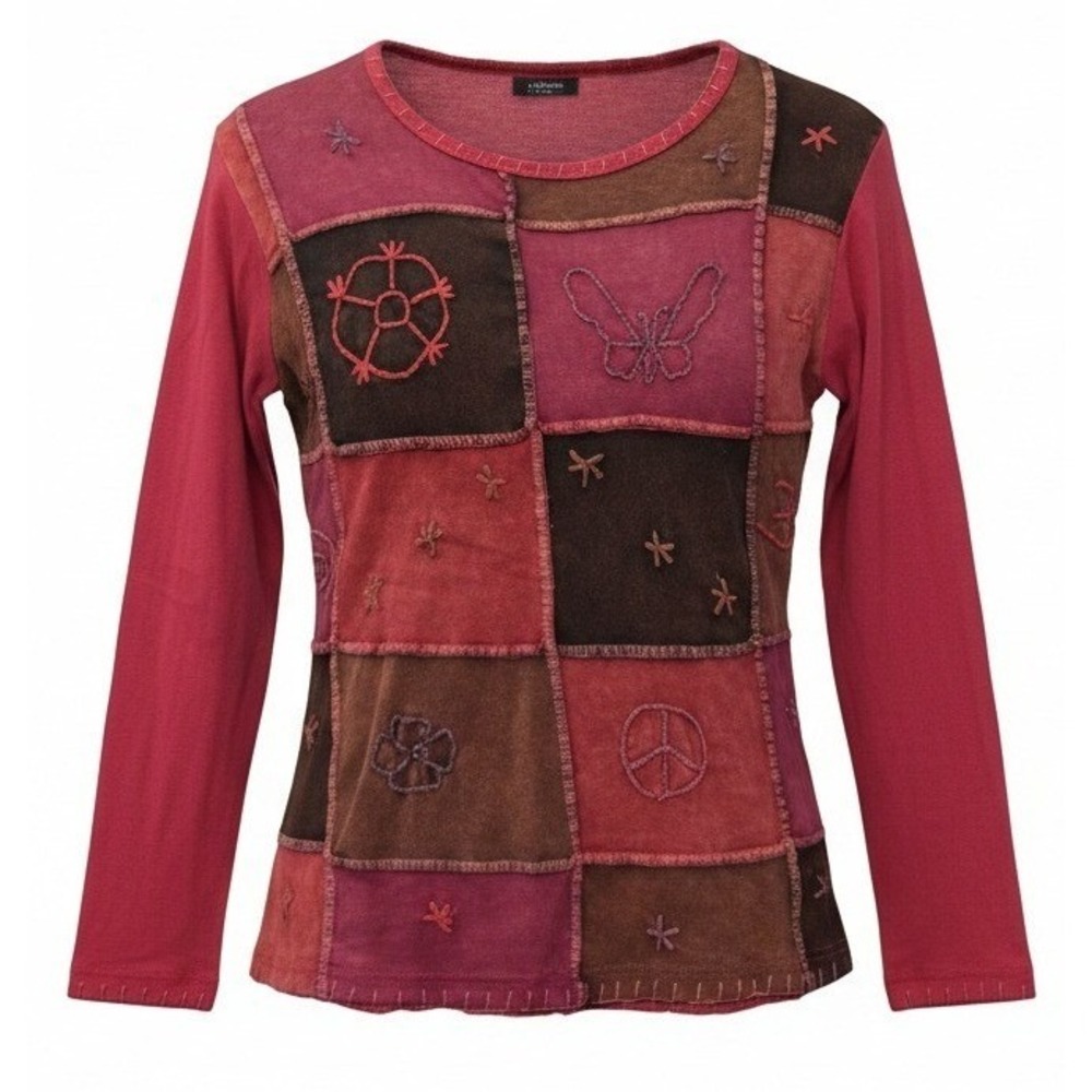Vintage Kathmandu Imports Womens M Patchwork Long Sleeve Top Boho Nepal Peace